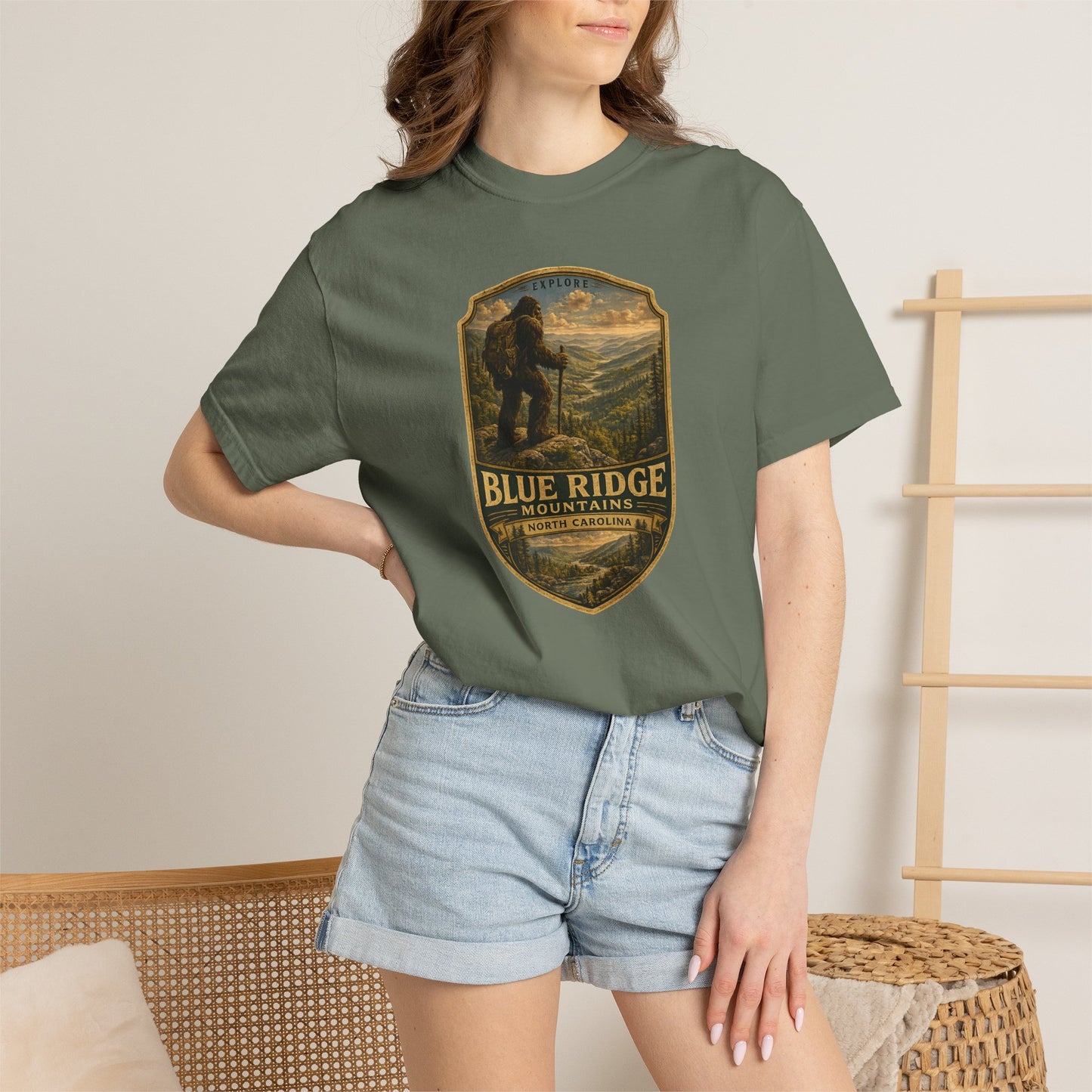 Blue Ridge Mountains Badge Bigfoot Design T-Shirt | Hiking Nature Retro