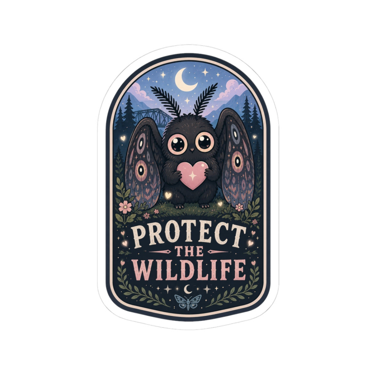 Protect the Wildlife Mothman holding a heart vinyl sticker