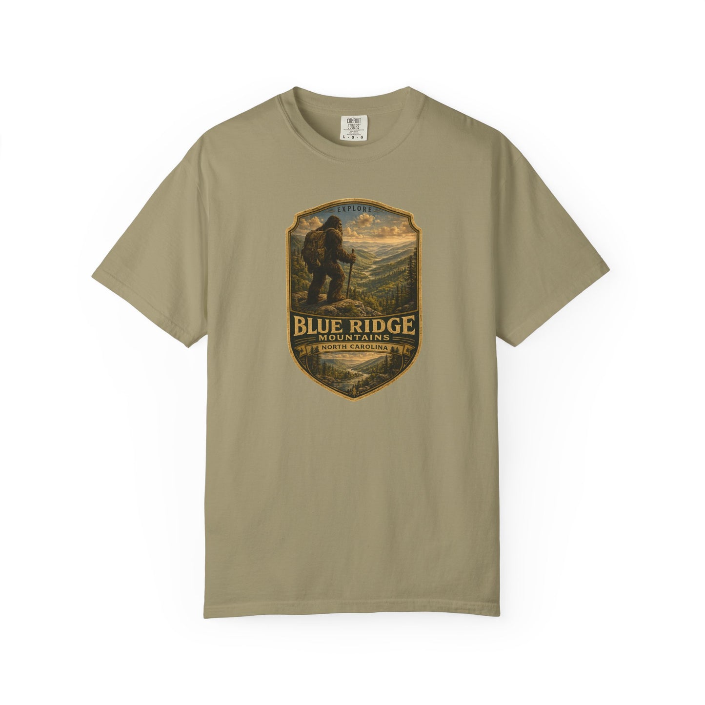 Blue Ridge Mountains Badge Bigfoot Design T-Shirt | Hiking Nature Retro