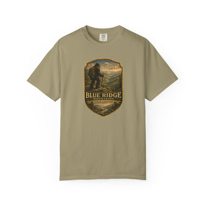 Blue Ridge Mountains Bigfoot hiking badge graphic t-shirt