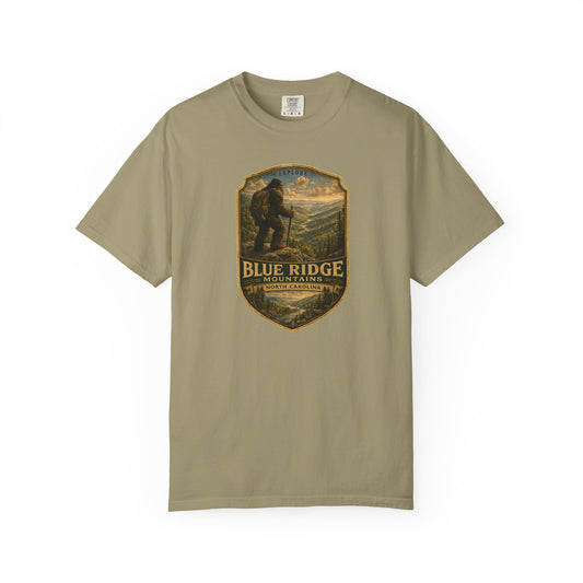 Blue Ridge Mountains Badge Bigfoot Design T-Shirt | Hiking Nature Retro