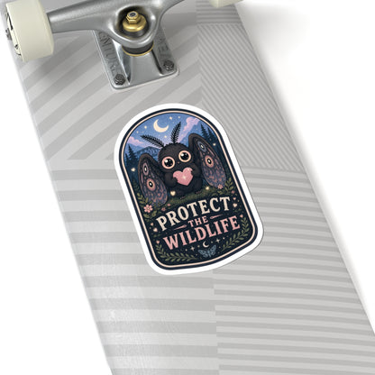 Protect the Wildlife sticker | Cute Mothman holding heart, night forest scene