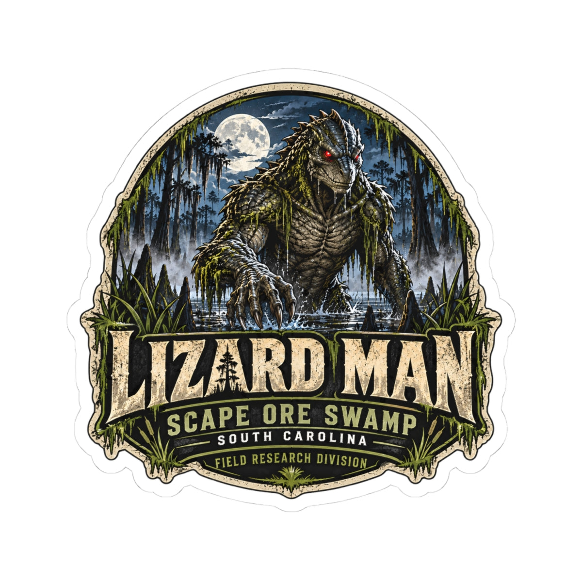 Lizard Man Sticker | Scape Ore Swamp South Carolina Cryptid Sticker | Reptilian Humanoid Field Research Decal | 3 or 4 Inch