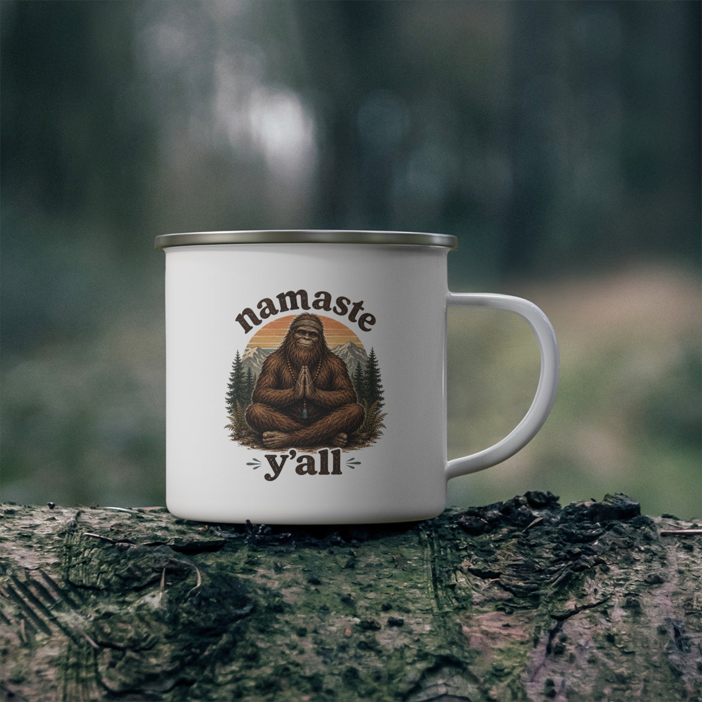Namaste Y'all Bigfoot Meditation Enamel Mug | Sasquatch Yoga Camping Cup