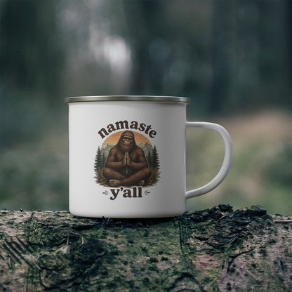 Namaste Y'all meditating Bigfoot enamel camping mug