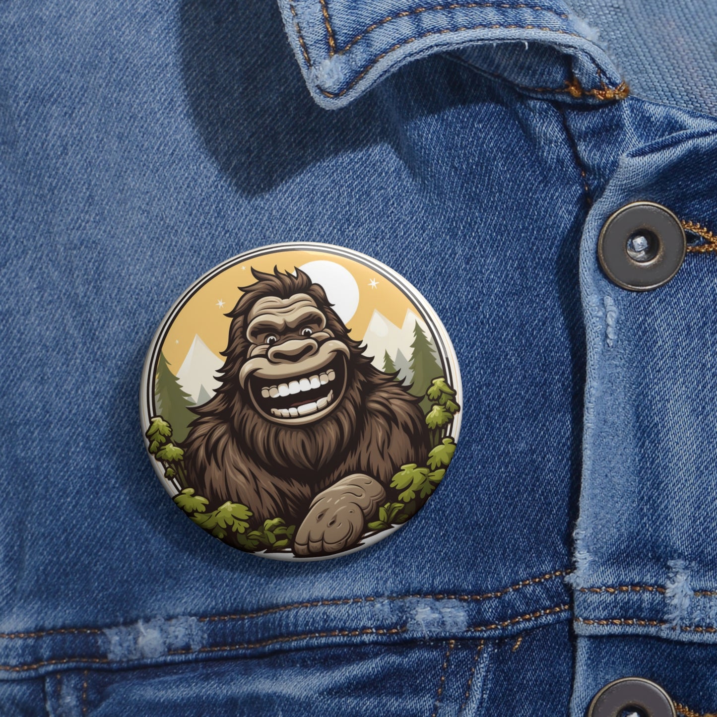 Smiling Bigfoot Button Friendly Sasquatch Forest Cryptid Pin Badge