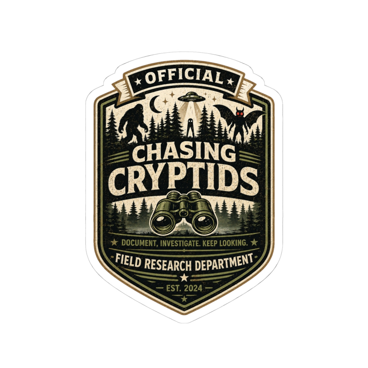 Chasing Cryptids official field research badge vinyl sticker