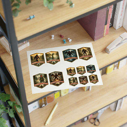 Cryptid sticker sheet with 12 vintage-badge cryptid designs