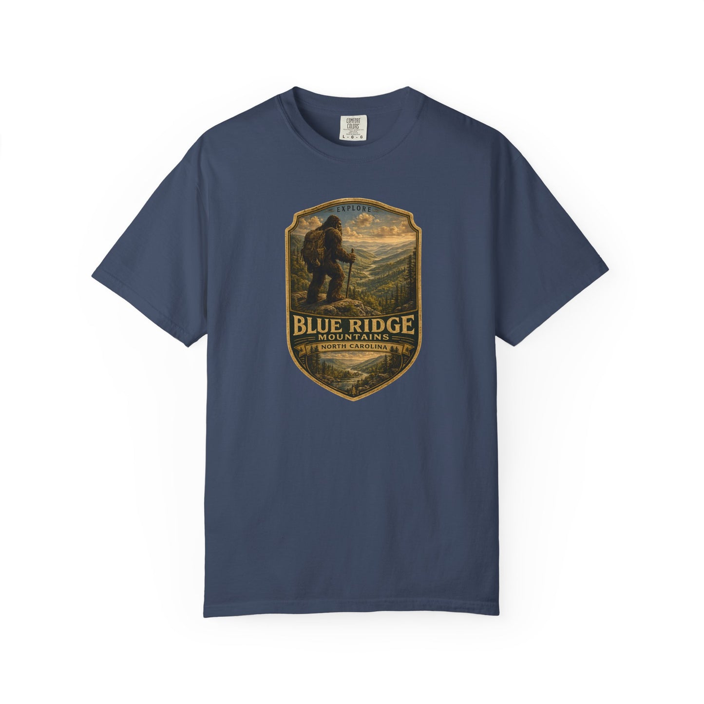 Blue Ridge Mountains Badge Bigfoot Design T-Shirt | Hiking Nature Retro