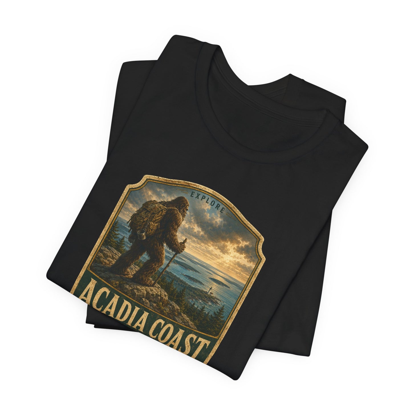 Acadia Coast Maine badge design T-Shirt | Respect the Locals, Bigfoot coastal hiking tee