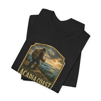 Acadia Coast Maine badge design T-Shirt | Respect the Locals, Bigfoot coastal hiking tee