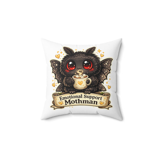 Emotional Support Mothman Pillow | Cute Cryptid Illustration, Coffee Cup
