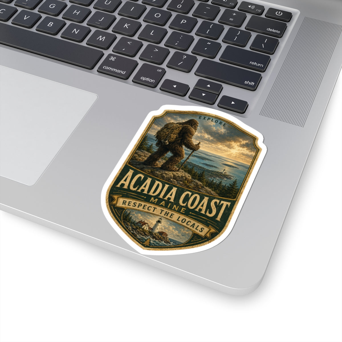 Acadia Coast Maine Sasquatch/Bigfoot Sticker | Scenic Lighthouse Badge, Explore Respect the Locals