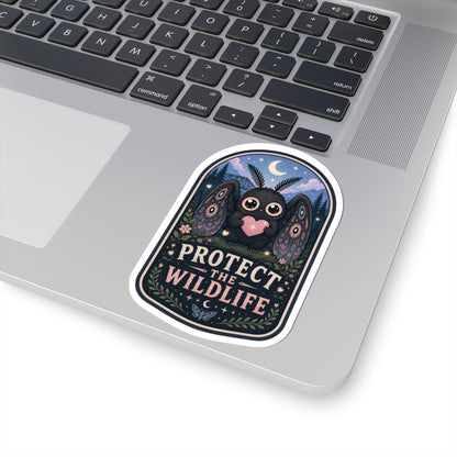 Protect the Wildlife sticker | Cute Mothman holding heart, night forest scene
