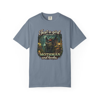 Just a Girl Who Loves Mothman and Books T Shirt Cryptid Book Lover Tee