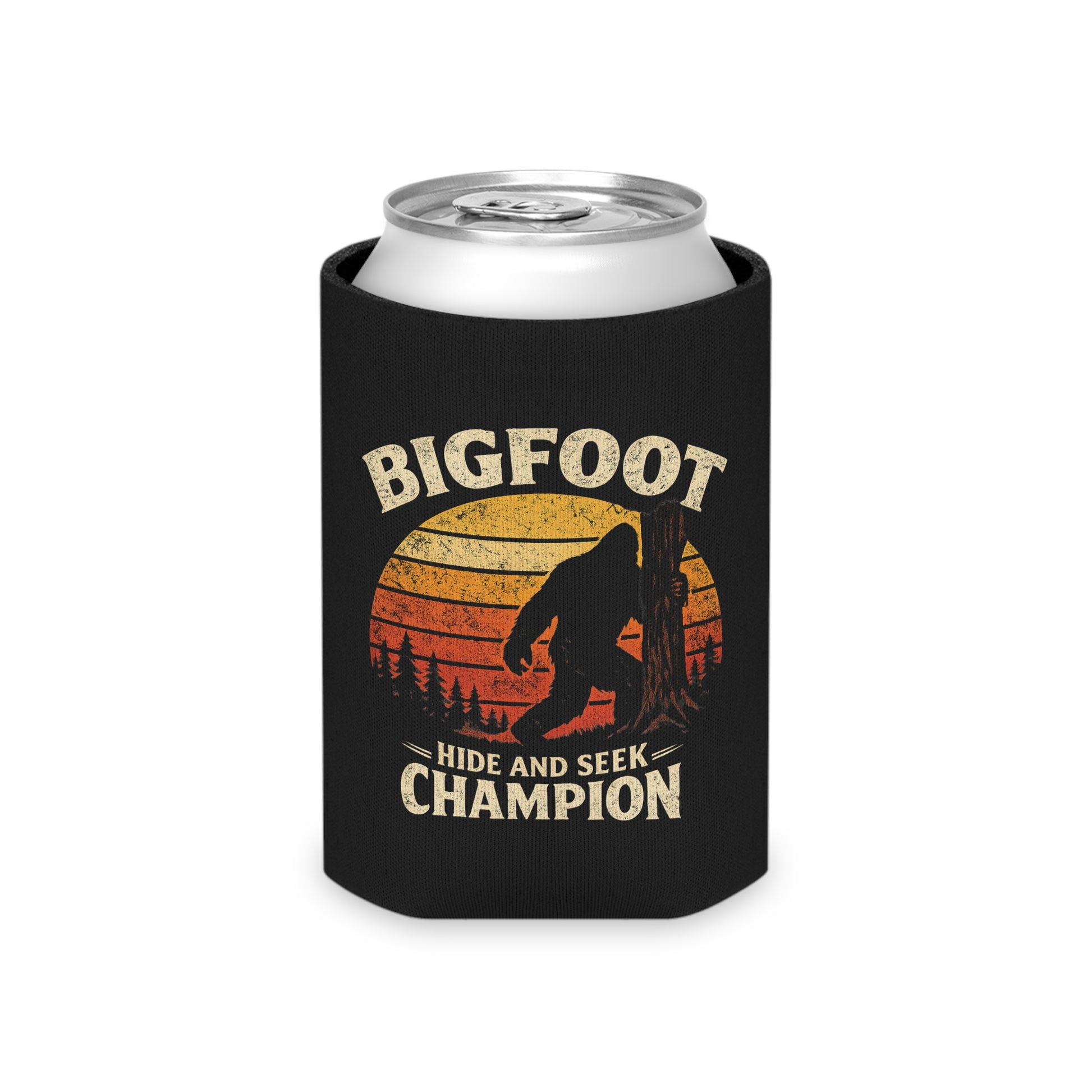 Bigfoot Hide and Seek Champion retro sunset neoprene can cooler