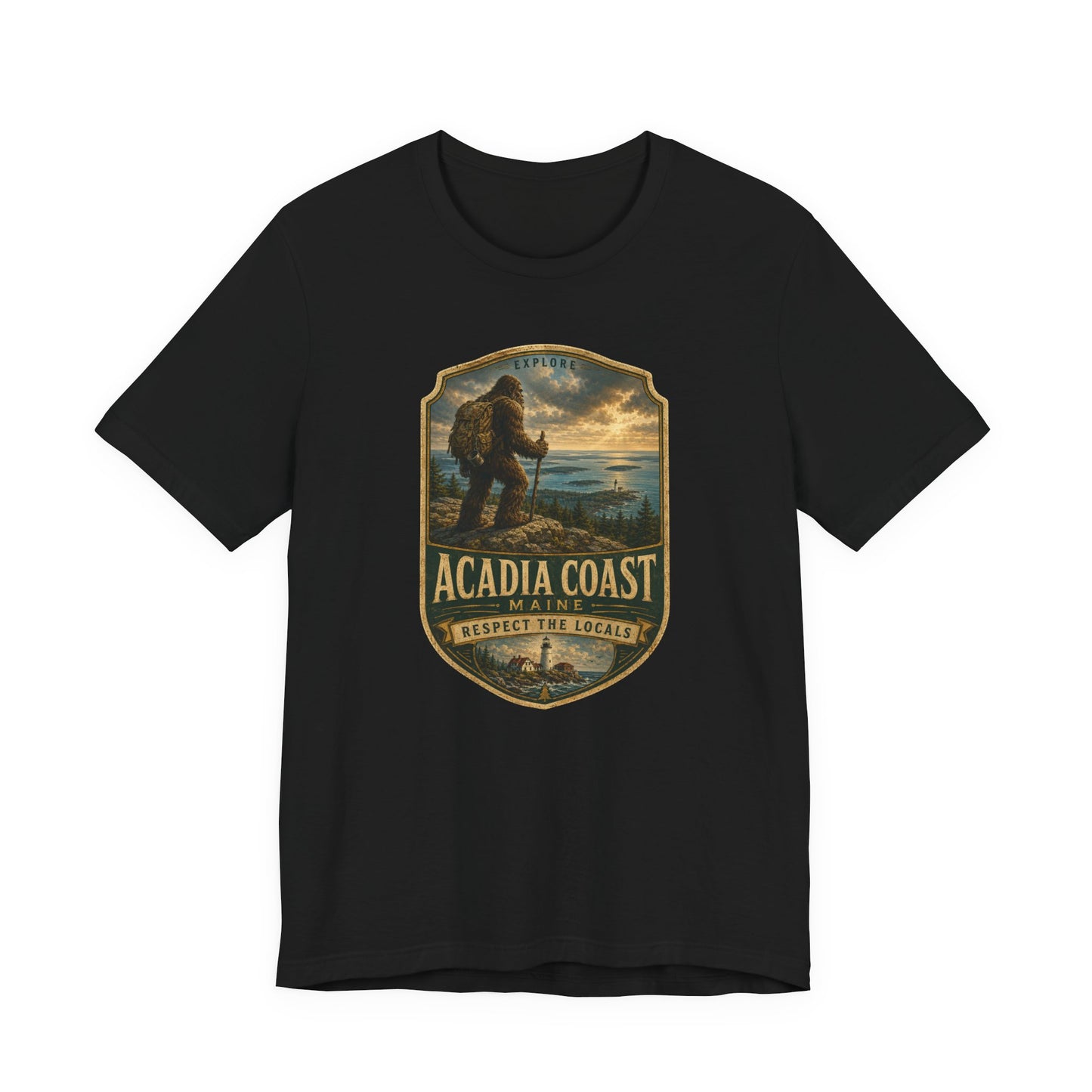 Acadia Coast Maine badge design T-Shirt | Respect the Locals, Bigfoot coastal hiking tee
