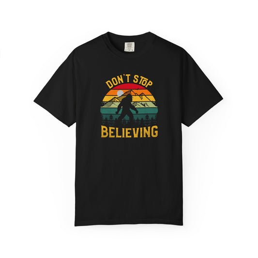 Bigfoot Don't Stop Believing T-Shirt | Retro Sunset Sasquatch Design