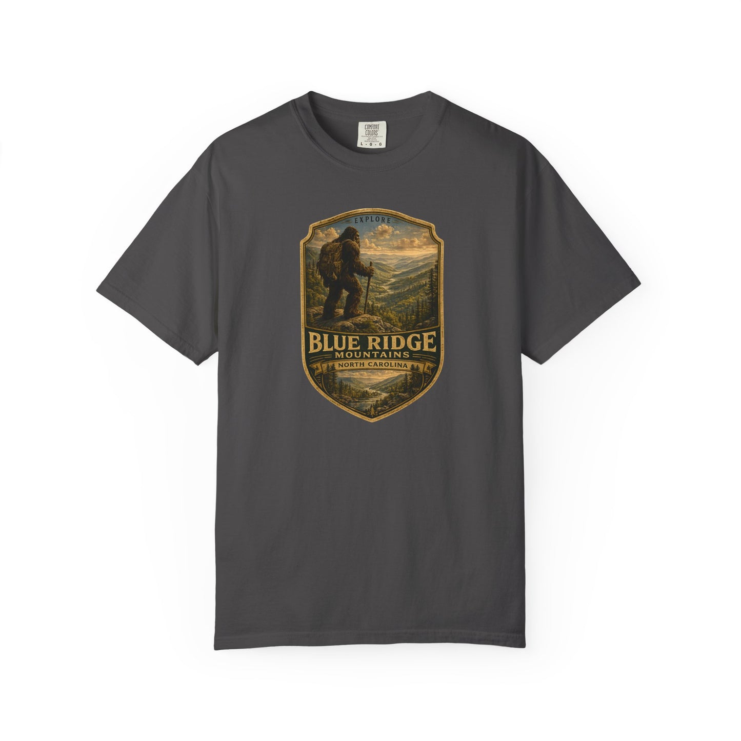 Blue Ridge Mountains Badge Bigfoot Design T-Shirt | Hiking Nature Retro