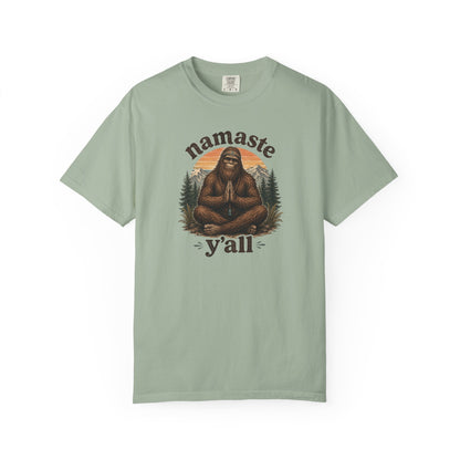 Namaste Y'all meditating Bigfoot yoga forest graphic t-shirt