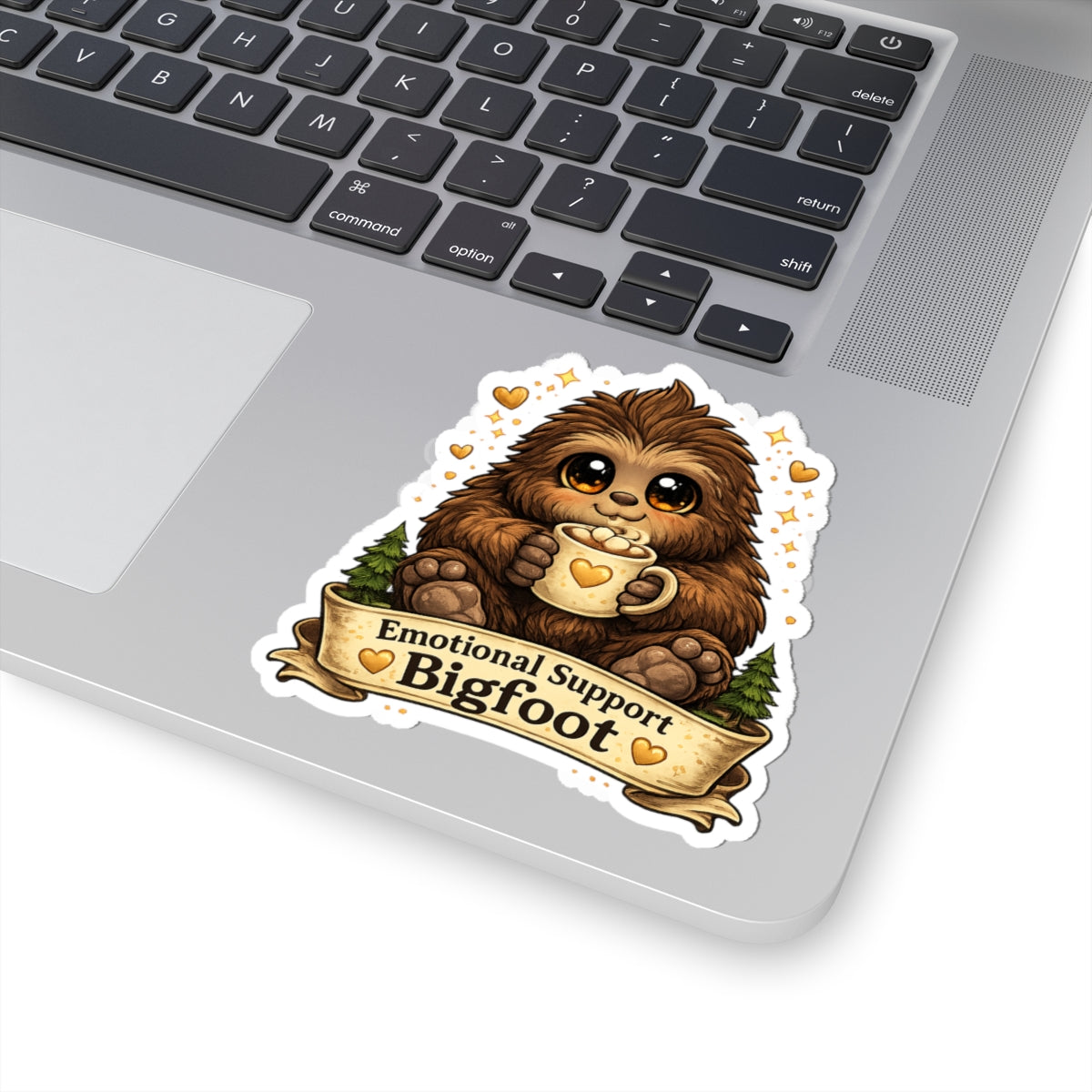 Emotional Support Bigfoot Kiss-Cut Sticker | Cute Sasquatch Coffee