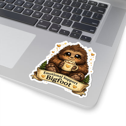 Emotional Support Bigfoot holding a warm mug kiss-cut vinyl sticker