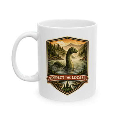 Loch Ness Monster vintage badge ceramic coffee mug, Respect the Locals series