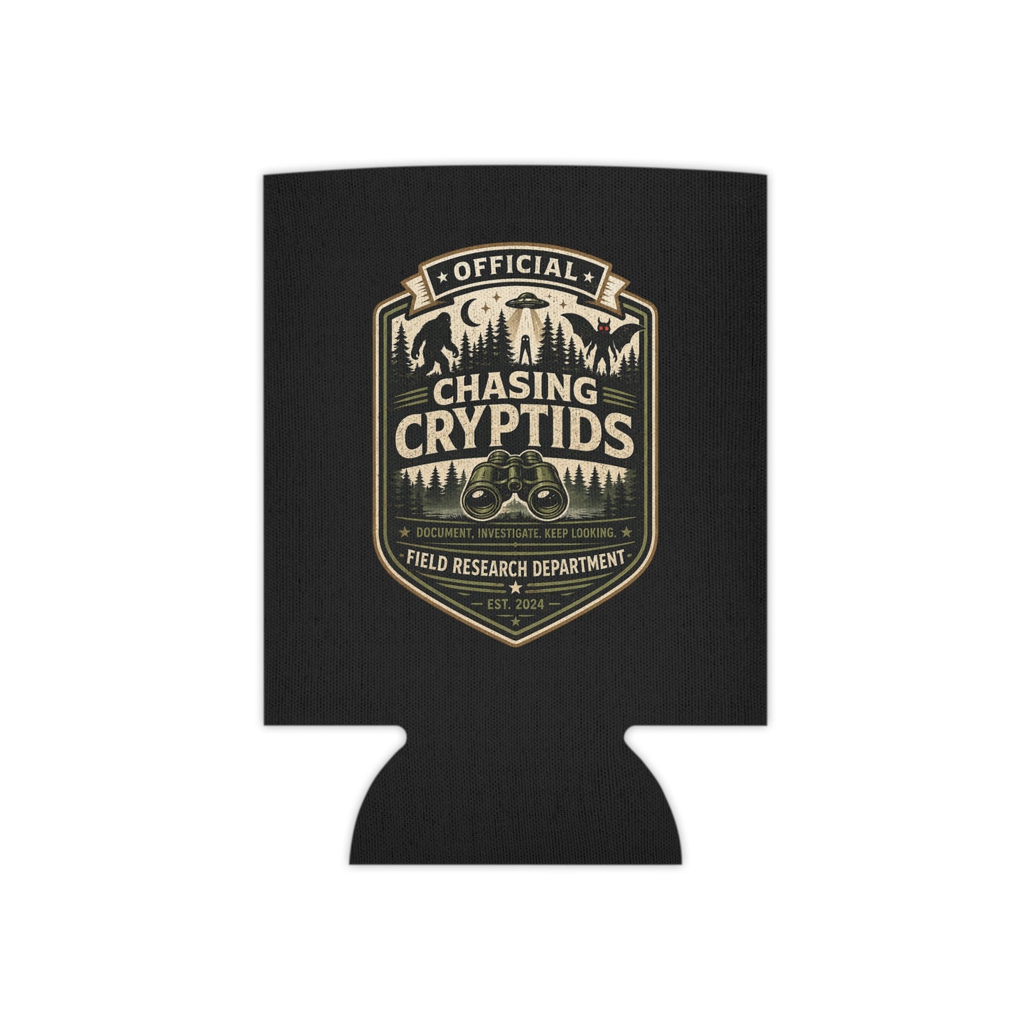 Chasing Cryptids official field research badge neoprene can cooler