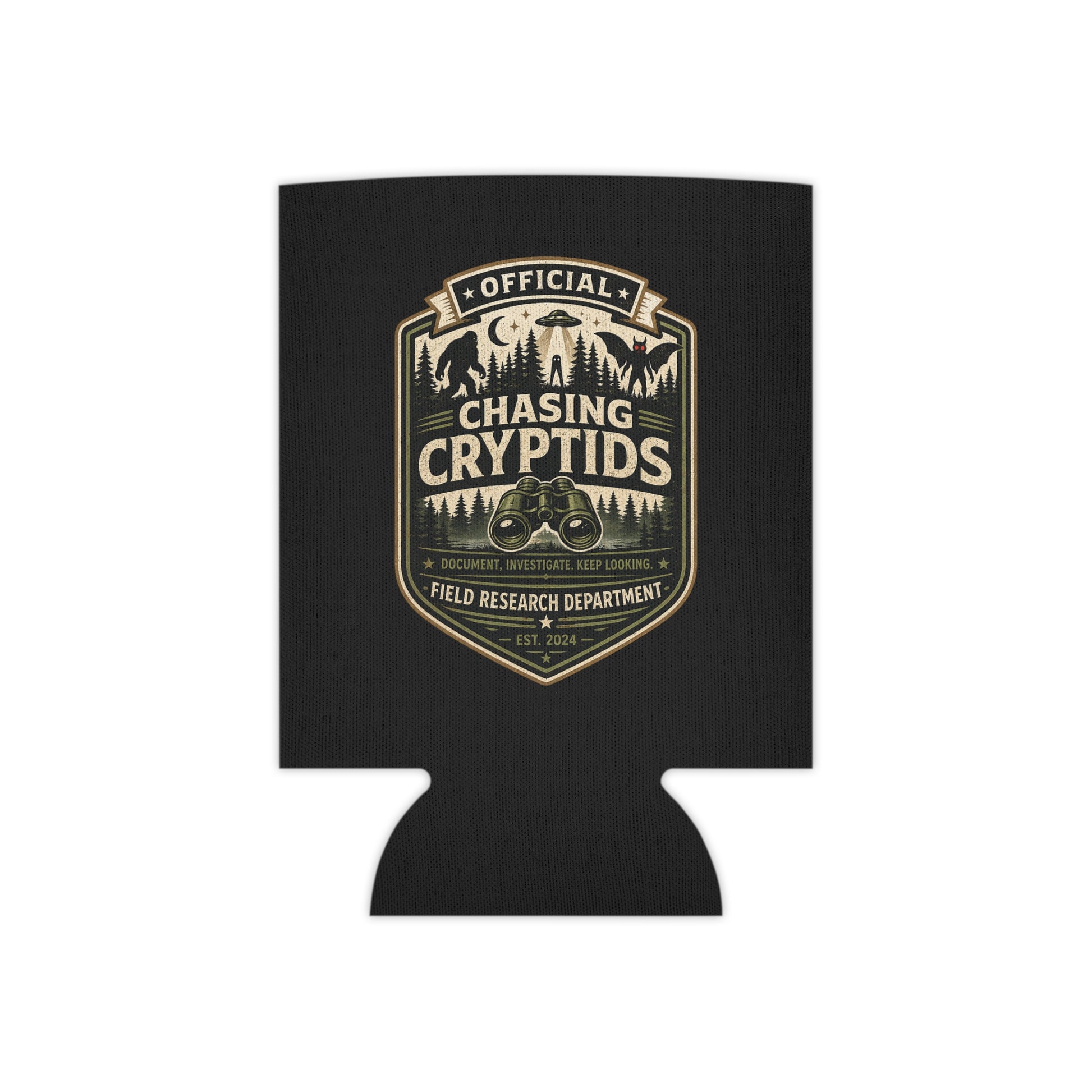 Chasing Cryptids official field research badge neoprene can cooler