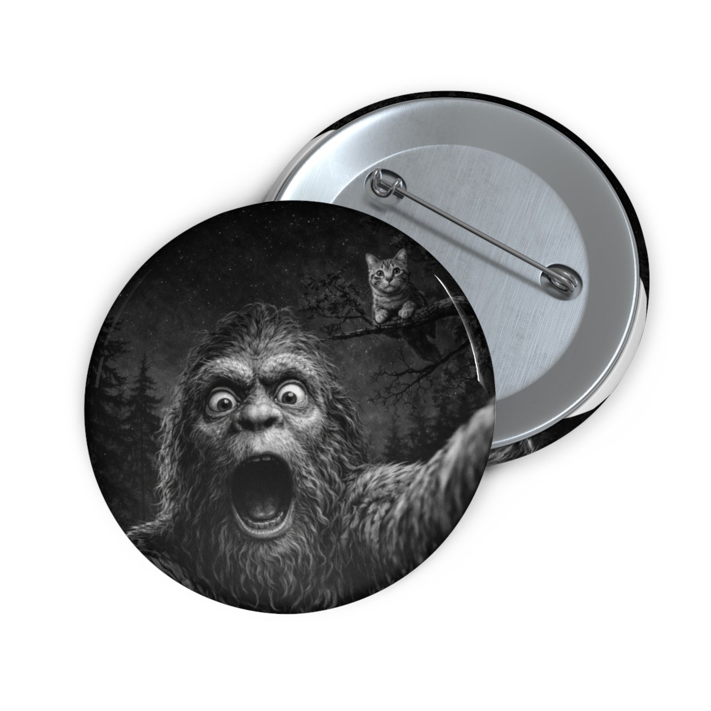 Shocked Bigfoot Button Freaked Out by Cat Cryptid Selfie Pin Funny Forest Badge
