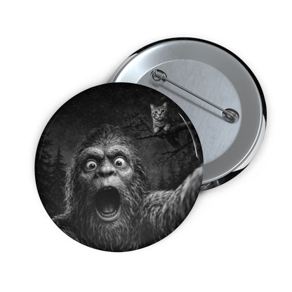 Shocked Bigfoot reacting to a cat pin button