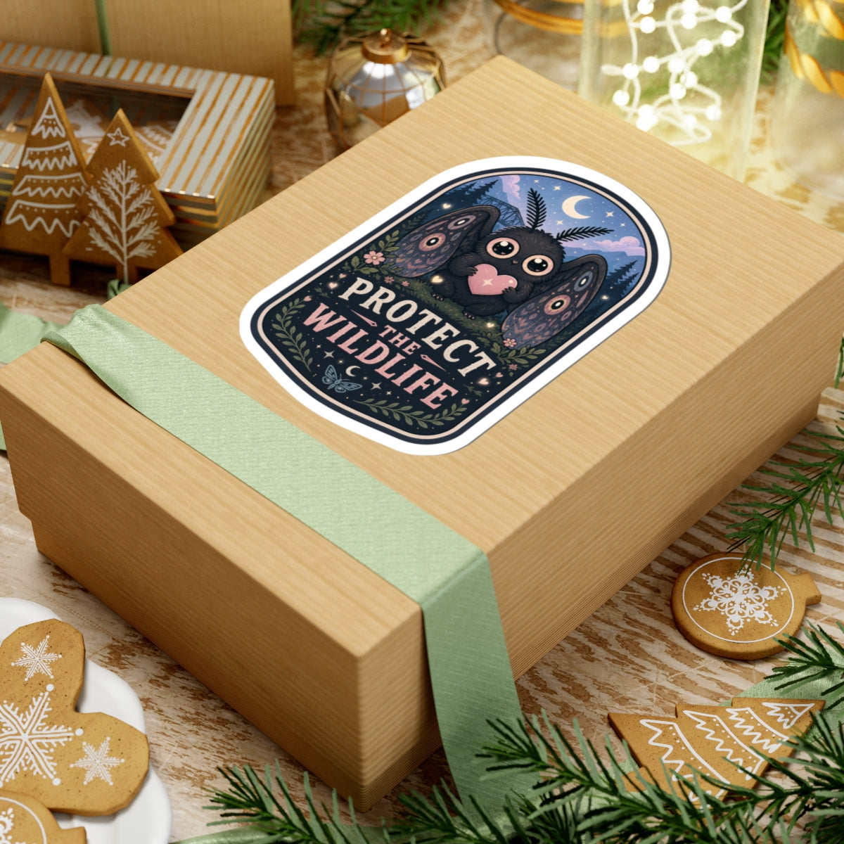 Protect the Wildlife sticker | Cute Mothman holding heart, night forest scene