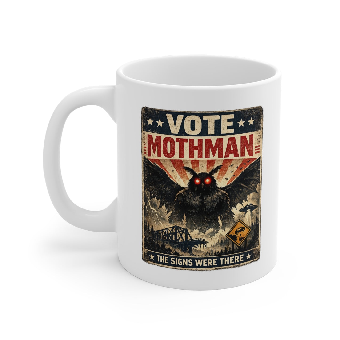 Vote Mothman Mug | Retro Cryptid Poster, Strange Creature Coffee Cup