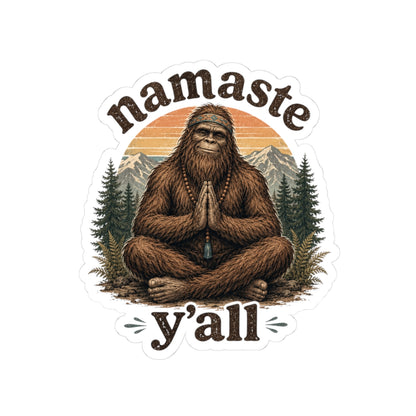 Namaste Y'all meditating Bigfoot kiss-cut vinyl sticker