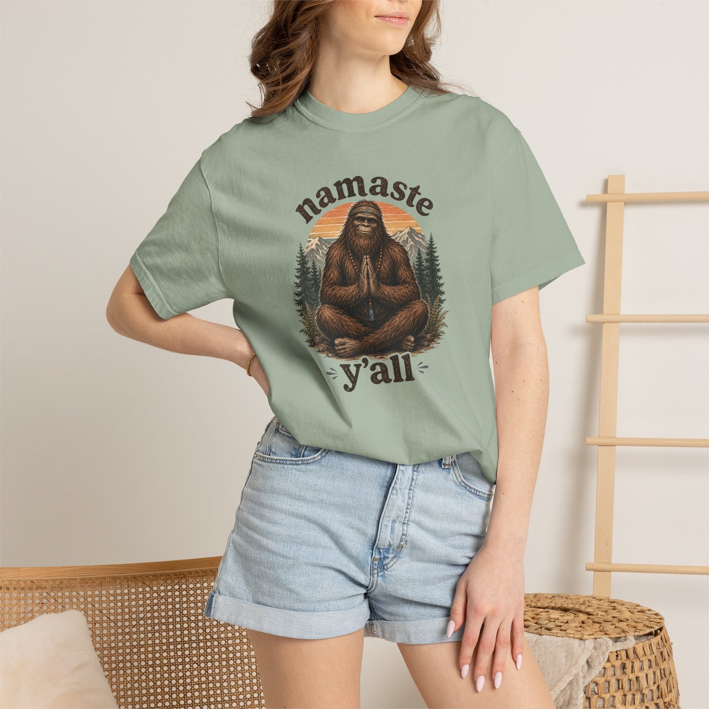 Namaste Y'all Bigfoot Sasquatch T-Shirt | Yoga Forest Illustration