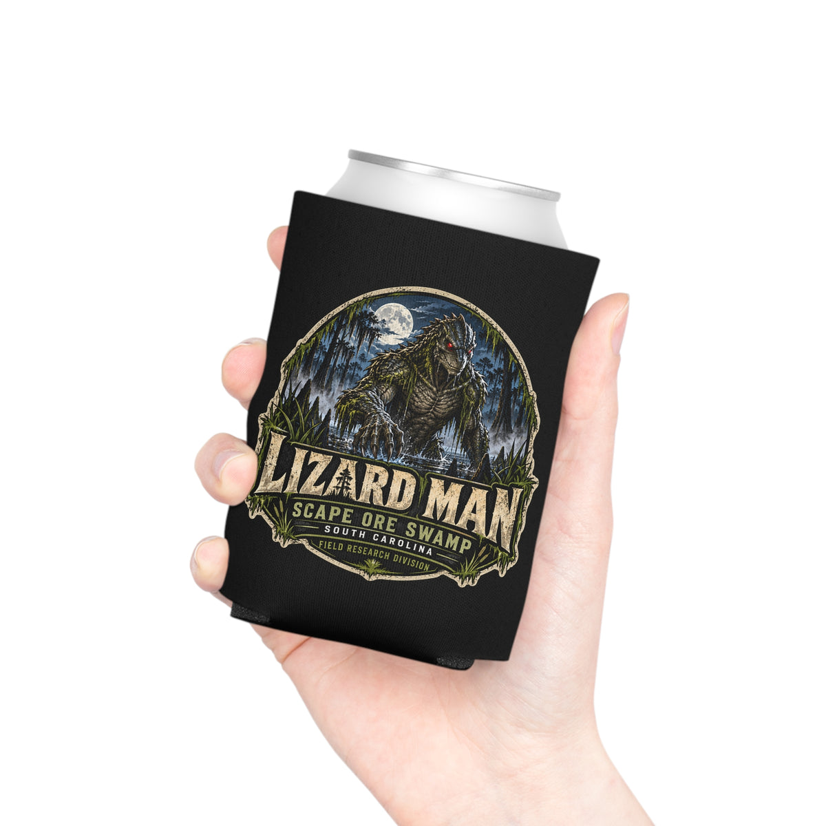 Lizard Man Can Cooler | Scape Ore Swamp South Carolina Cryptid Drink Sleeve | Reptilian Humanoid Beverage Holder | Cryptid Gift