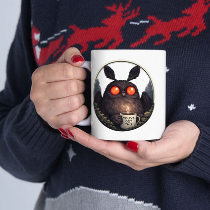 Mothman drinking coffee ceramic mug, Chasing Cryptids