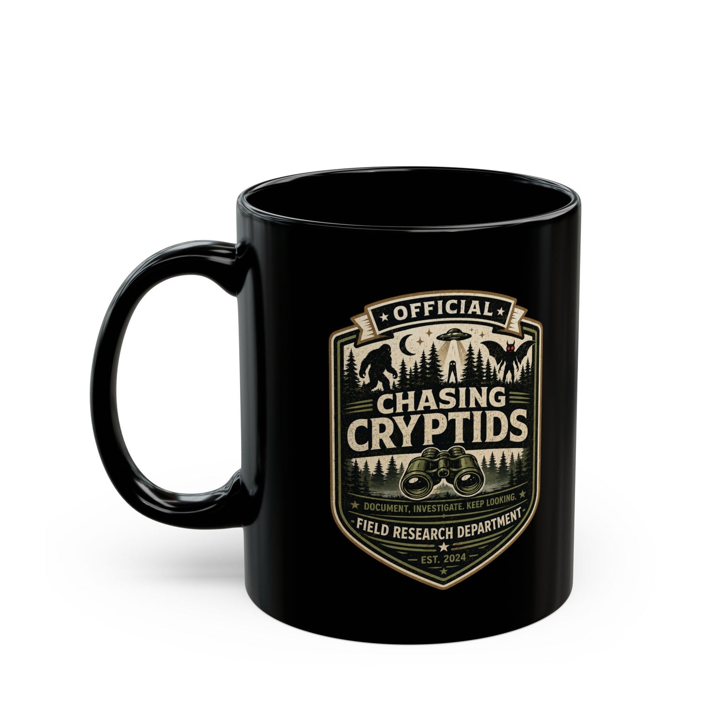 Chasing Cryptids official field research black ceramic coffee mug