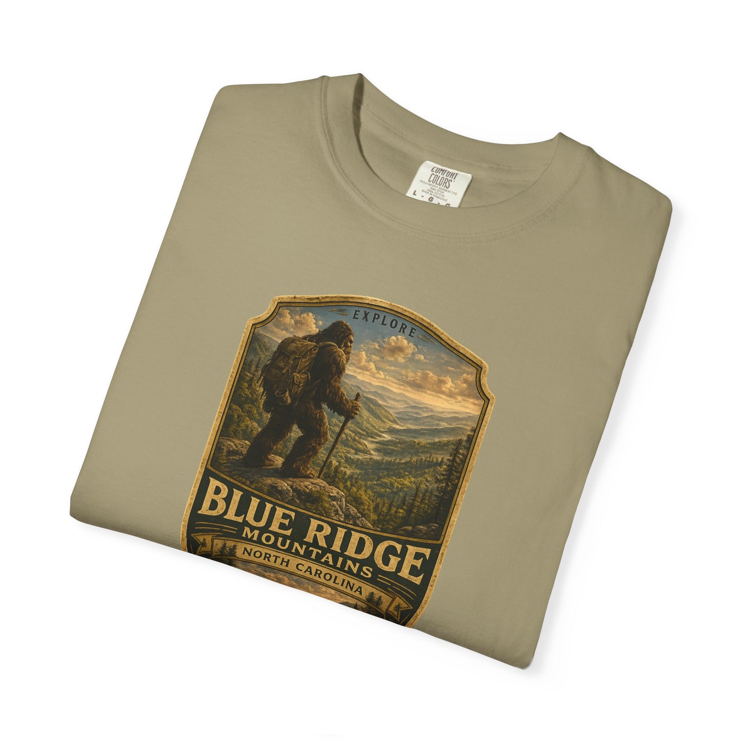 Blue Ridge Mountains Badge Bigfoot Design T-Shirt | Hiking Nature Retro