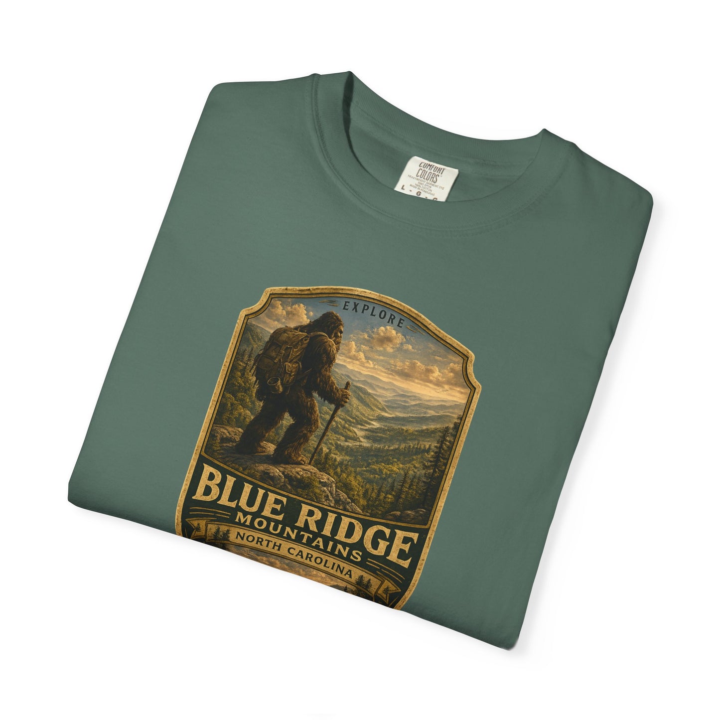 Blue Ridge Mountains Badge Bigfoot Design T-Shirt | Hiking Nature Retro