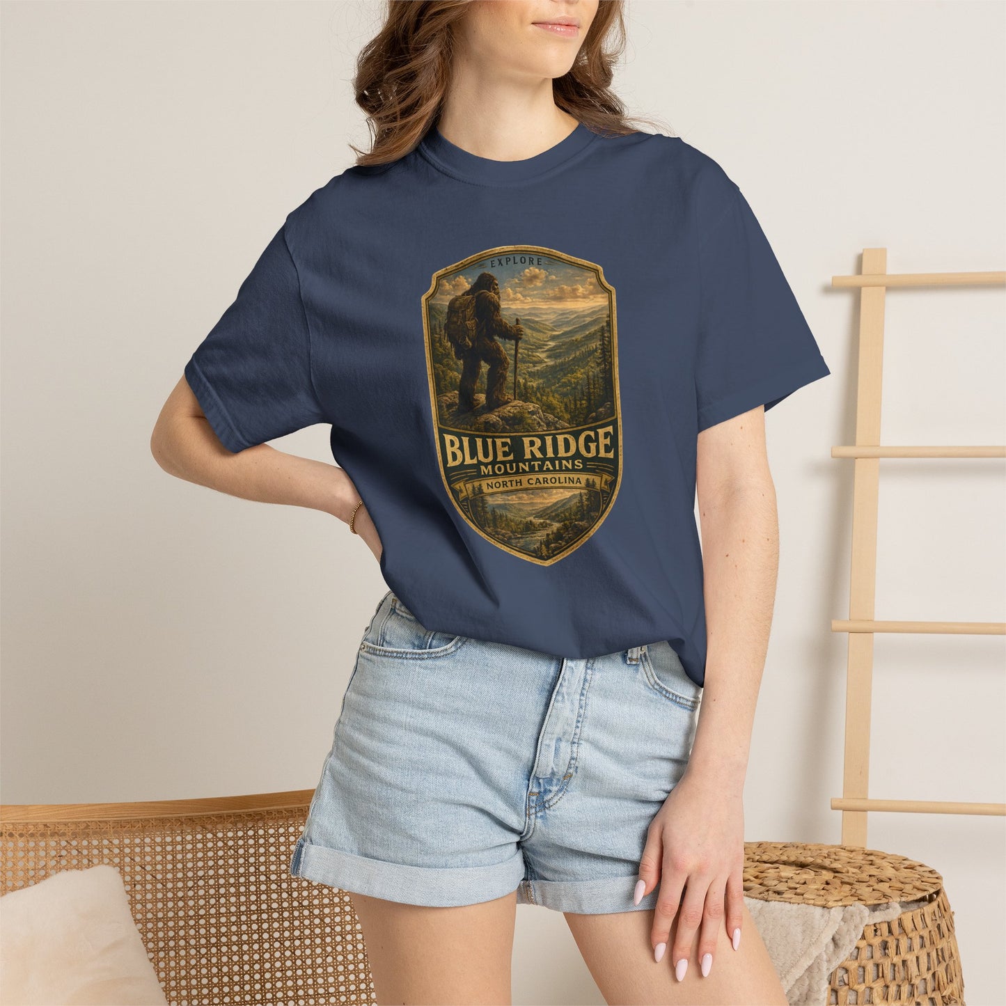 Blue Ridge Mountains Badge Bigfoot Design T-Shirt | Hiking Nature Retro