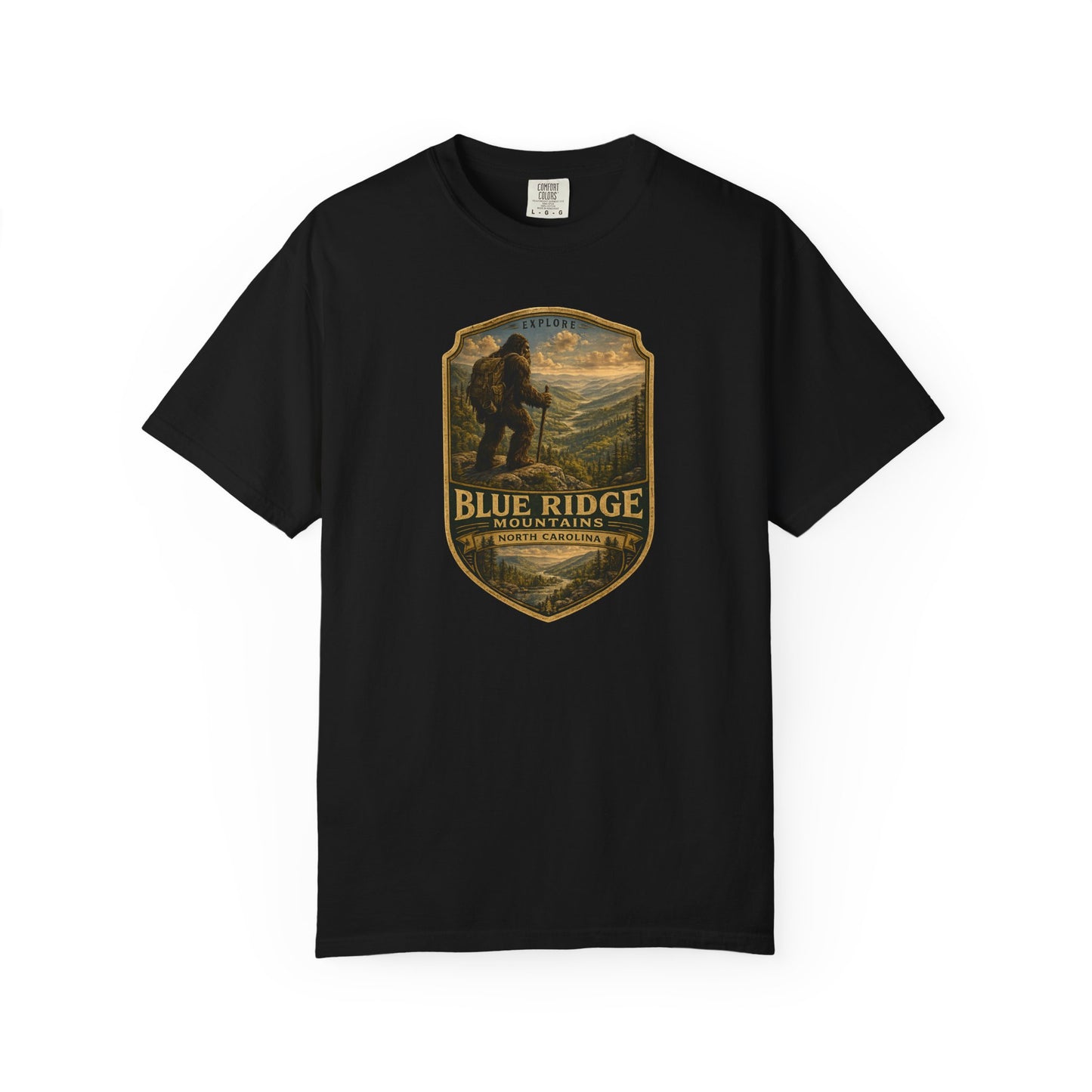 Blue Ridge Mountains Badge Bigfoot Design T-Shirt | Hiking Nature Retro