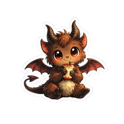 Baby Jersey Devil eating an apple vinyl sticker, Cryptid Cubs series