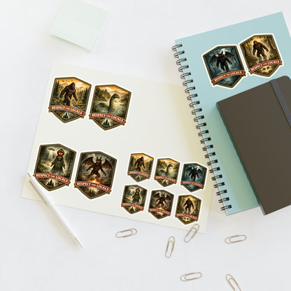 Cryptid sticker sheet with 12 vintage-badge cryptid designs
