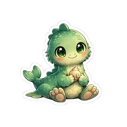 Baby Nessie holding a seashell vinyl sticker, Cryptid Cubs series