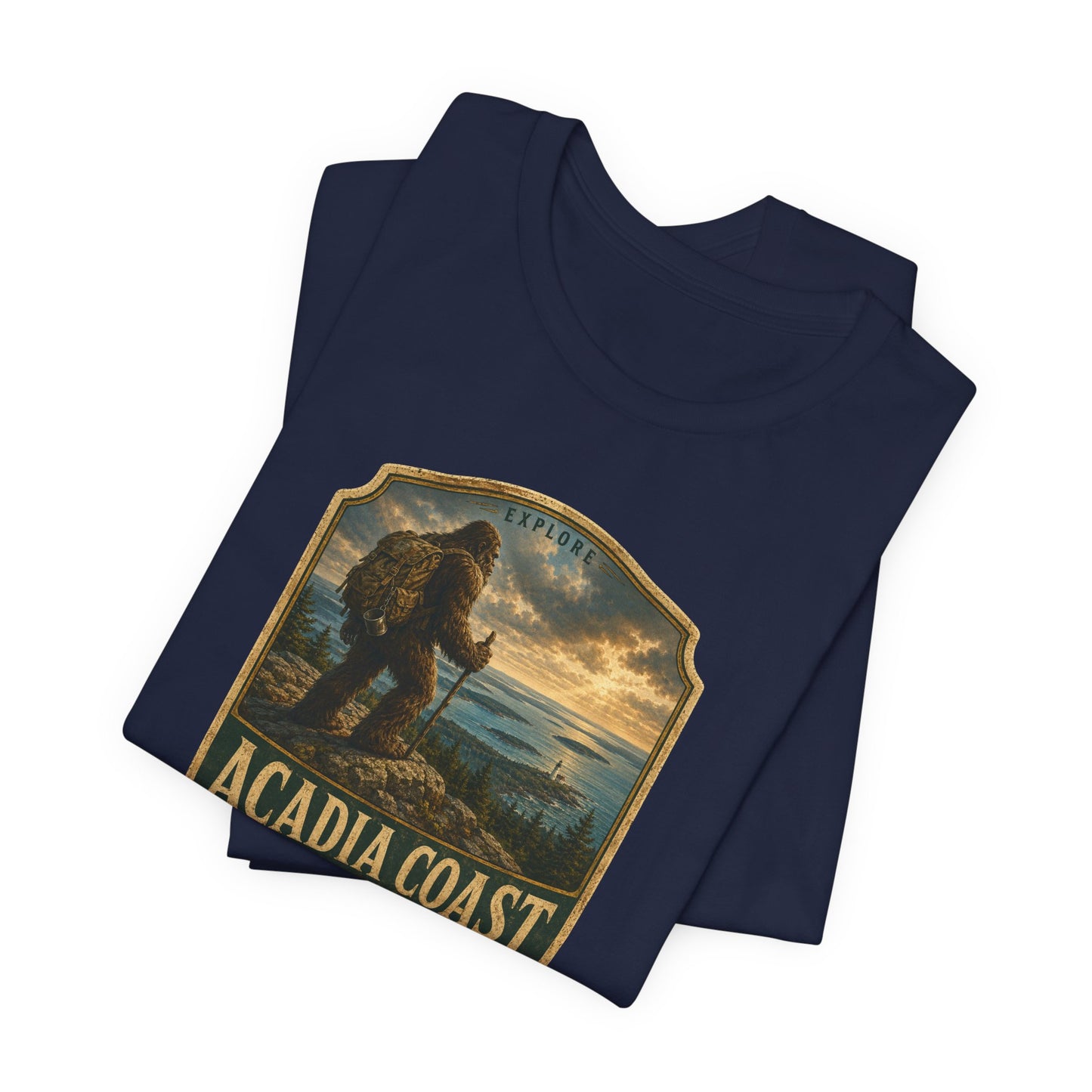 Acadia Coast Maine badge design T-Shirt | Respect the Locals, Bigfoot coastal hiking tee