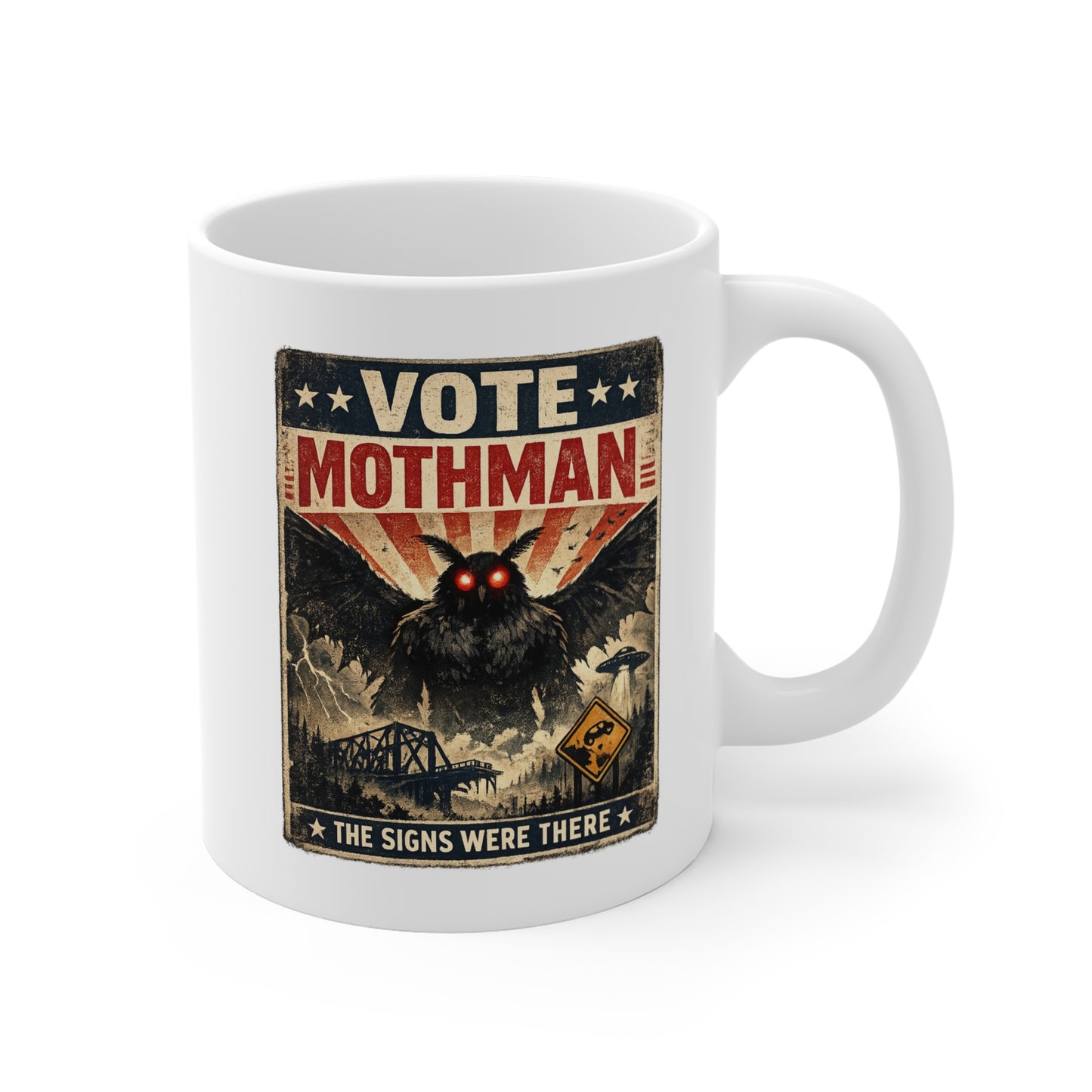 Vote Mothman Mug | Retro Cryptid Poster, Strange Creature Coffee Cup