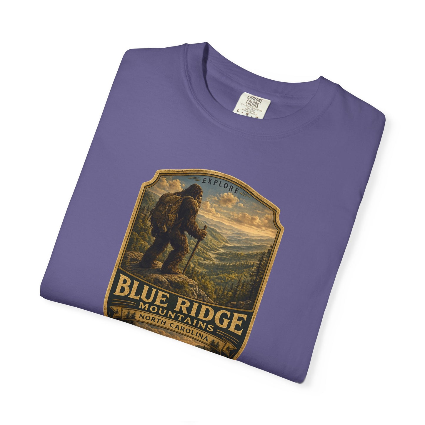 Blue Ridge Mountains Badge Bigfoot Design T-Shirt | Hiking Nature Retro
