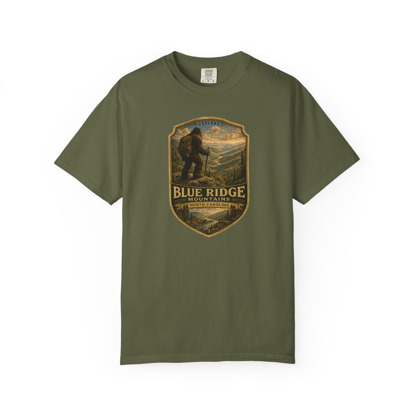 Blue Ridge Mountains Badge Bigfoot Design T-Shirt | Hiking Nature Retro