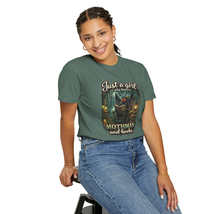 Just a Girl Who Loves Mothman and Books T Shirt Cryptid Book Lover Tee